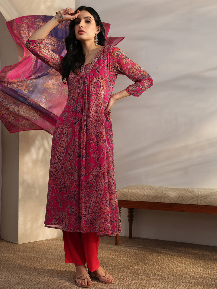 Pink Paisley Printed Chiffon A-Line Suit Set With Dupatta