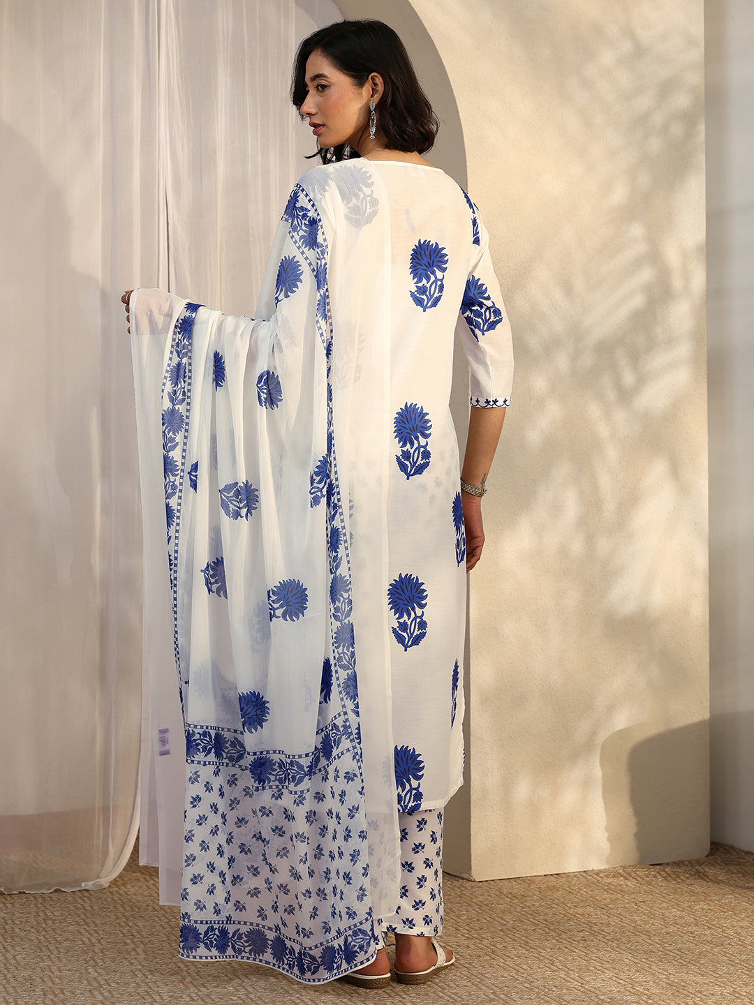 White Printed Silk Blend Straight Suit Set With Dupatta