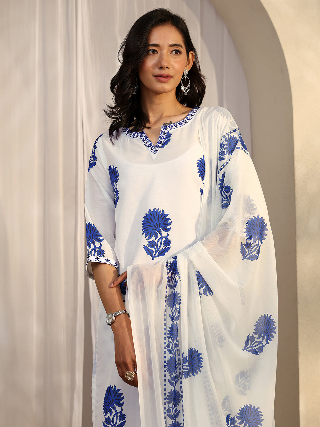 White Printed Silk Blend Straight Suit Set With Dupatta