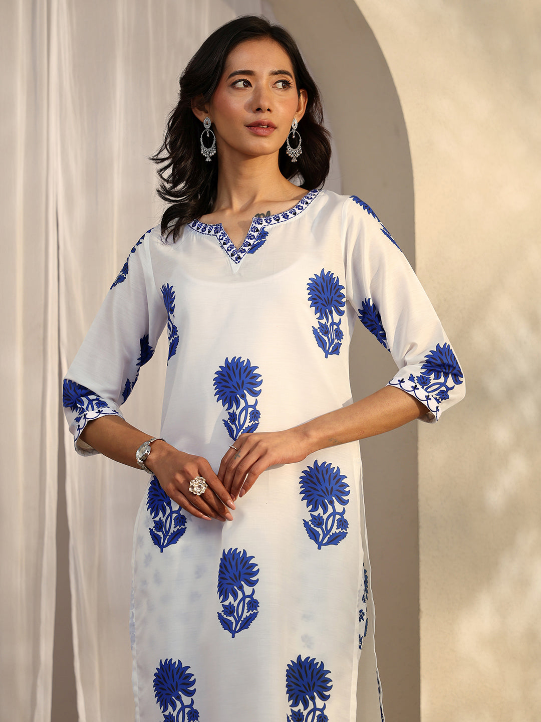White Printed Silk Blend Straight Suit Set With Dupatta
