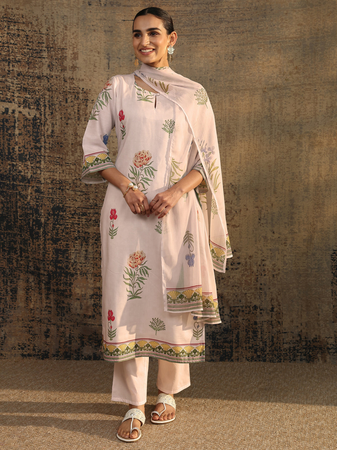 White Printed Silk Blend Straight Suit Set With Dupatta