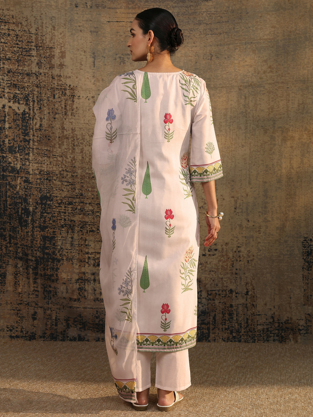 White Printed Silk Blend Straight Suit Set With Dupatta