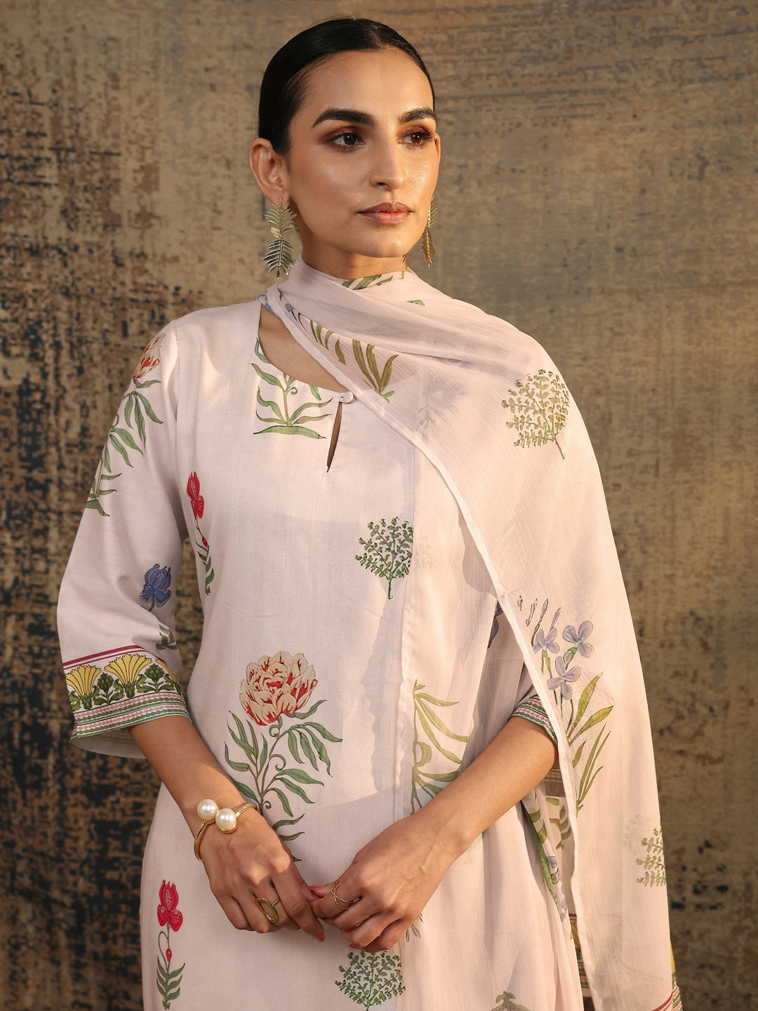 White Printed Silk Blend Straight Suit Set With Dupatta