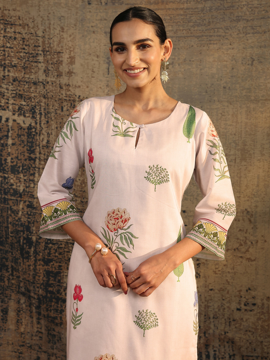 White Printed Silk Blend Straight Suit Set With Dupatta