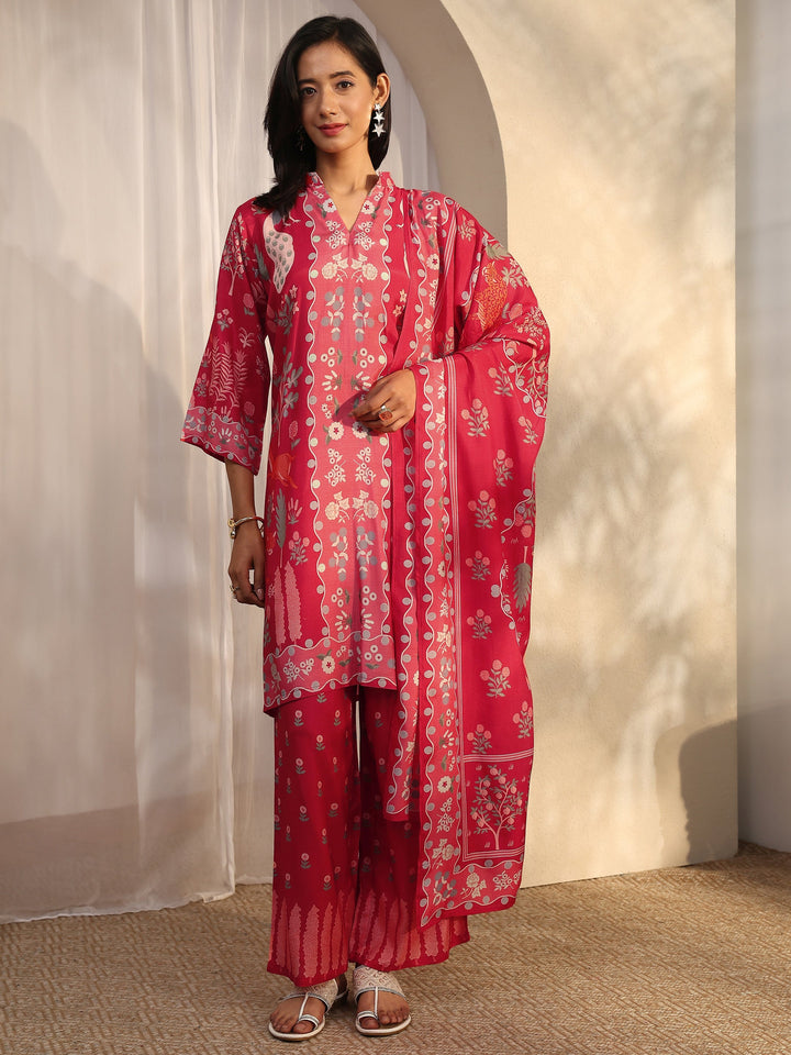 Rust Printed Muslin Straight Suit Set With Dupatta