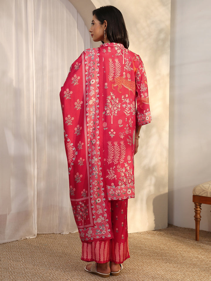 Rust Printed Muslin Straight Suit Set With Dupatta