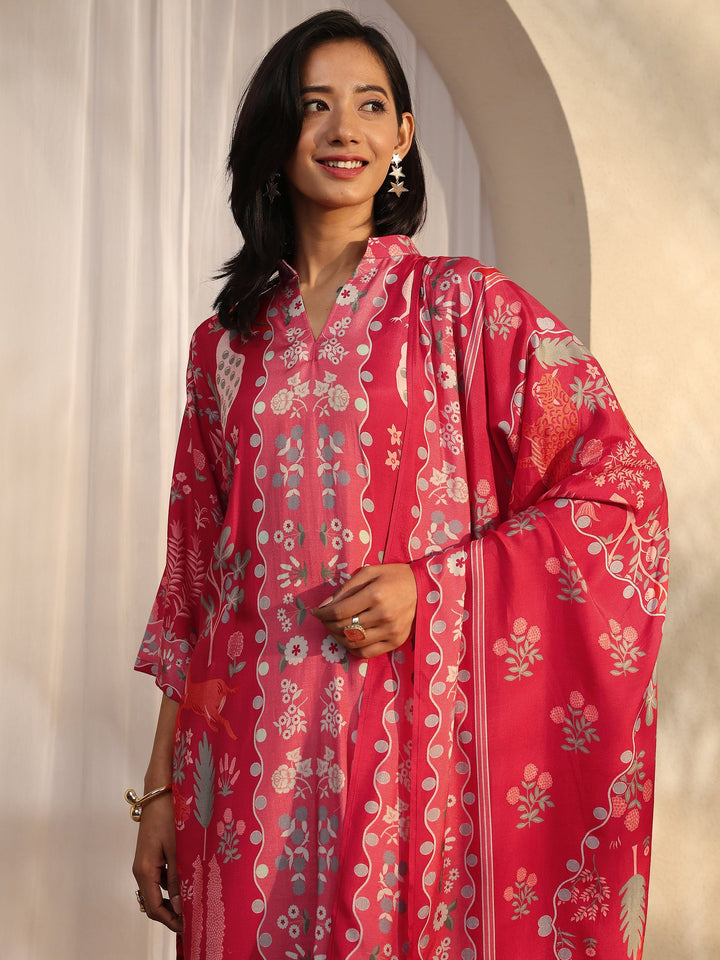 Rust Printed Muslin Straight Suit Set With Dupatta