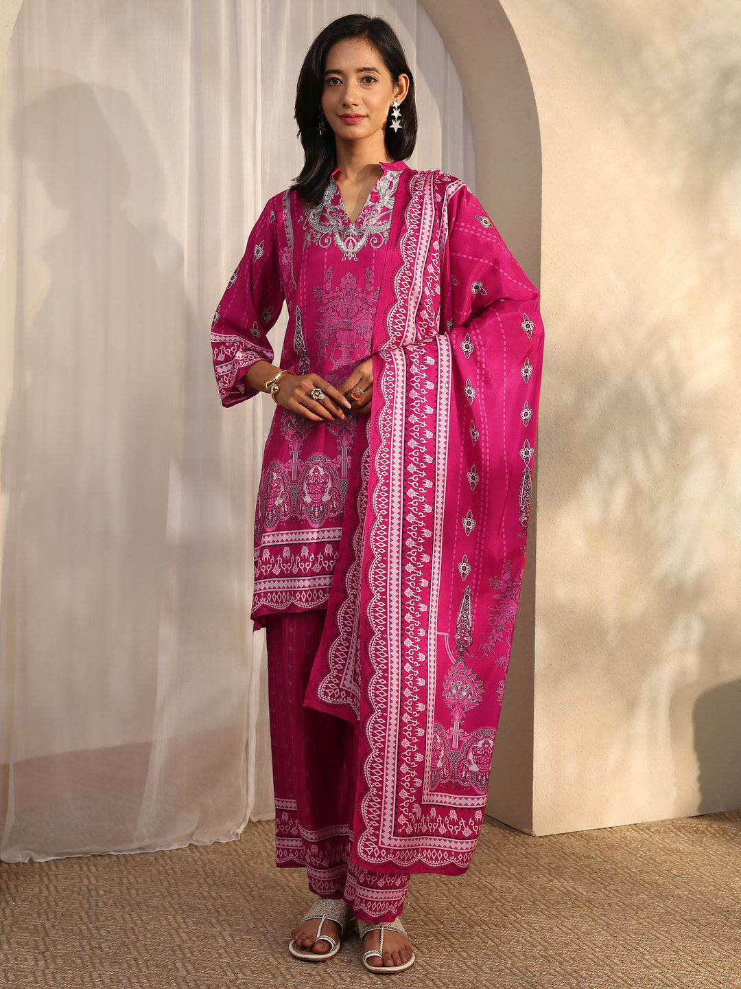 Pink Printed Muslin Straight Suit Set With Dupatta