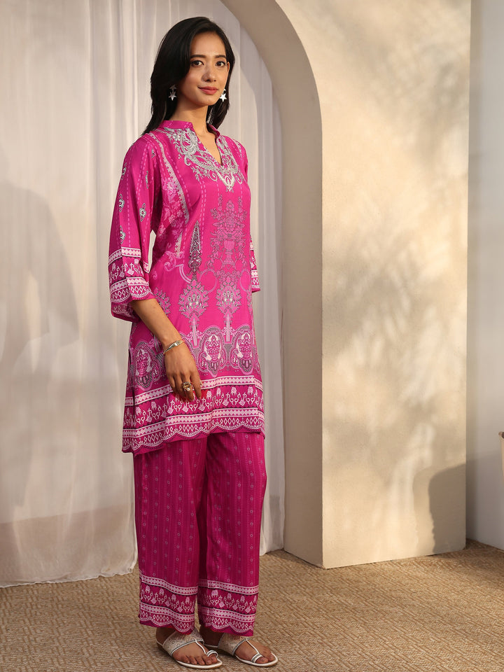 Pink Printed Muslin Straight Suit Set With Dupatta