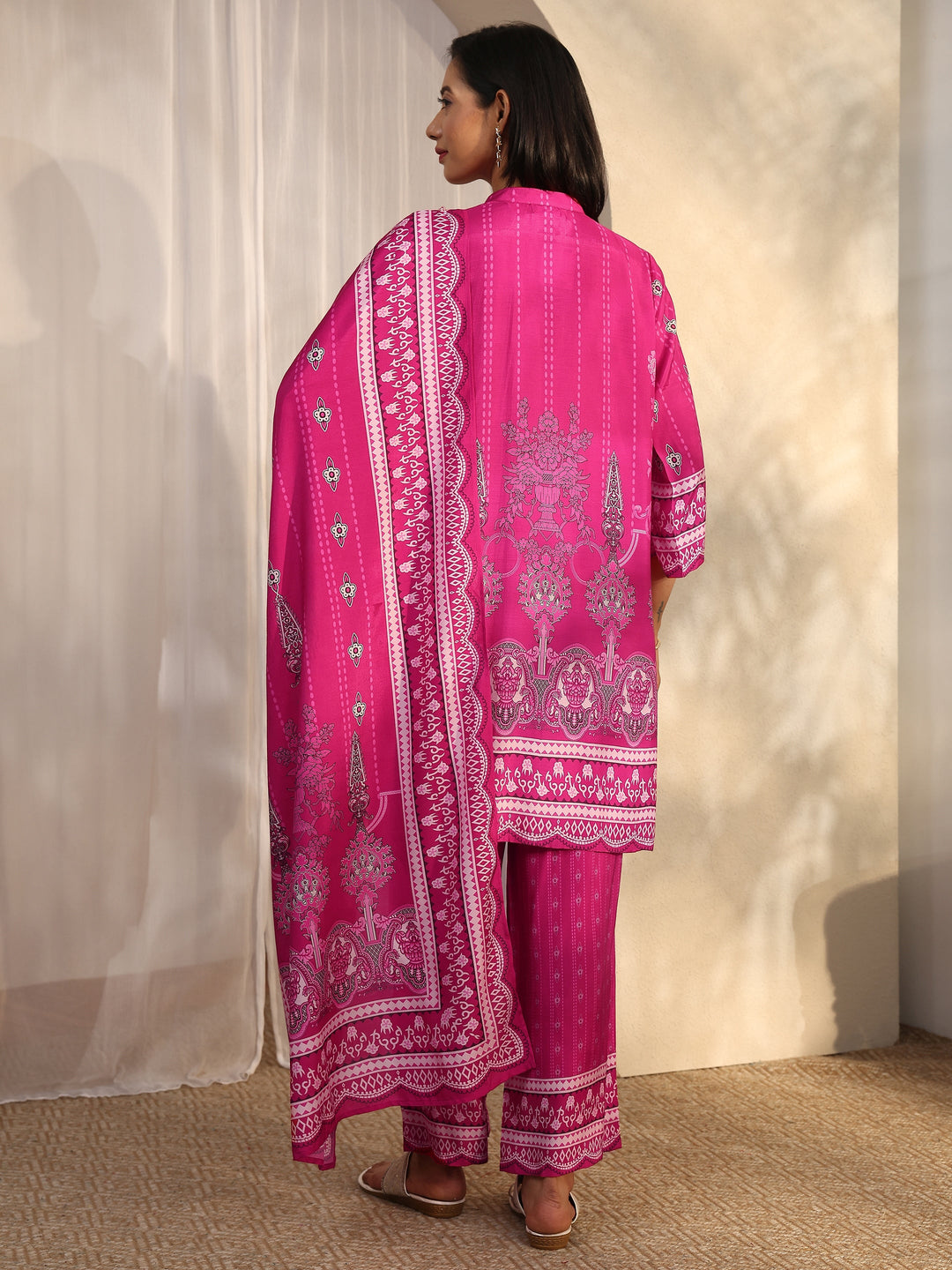 Pink Printed Muslin Straight Suit Set With Dupatta