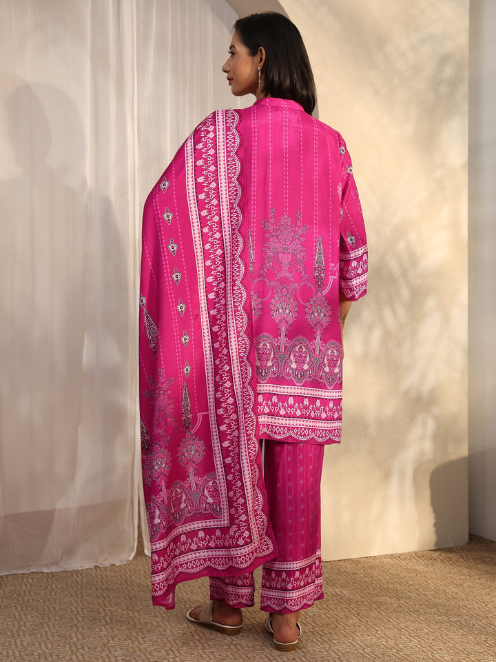 Pink Printed Muslin Straight Suit Set With Dupatta