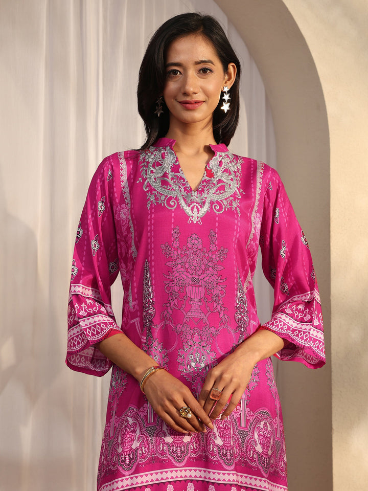 Pink Printed Muslin Straight Suit Set With Dupatta