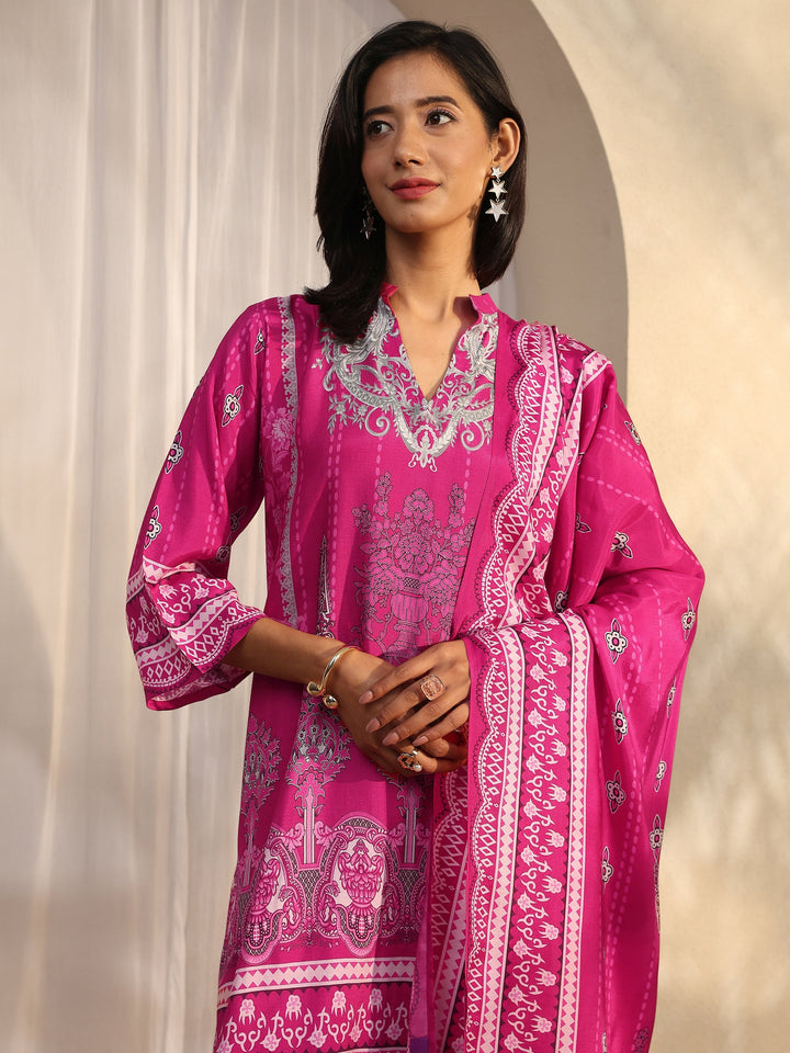 Pink Printed Muslin Straight Suit Set With Dupatta