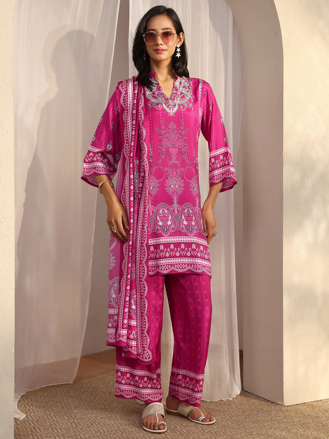 Pink Printed Muslin Straight Suit Set With Dupatta