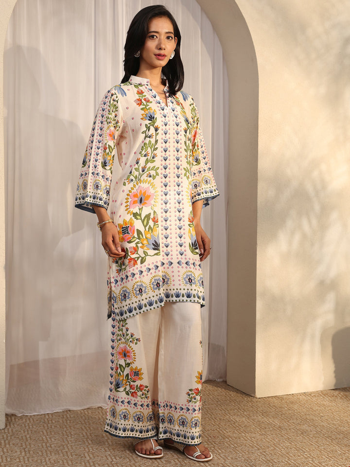 Off White Printed Muslin Straight Suit Set With Dupatta