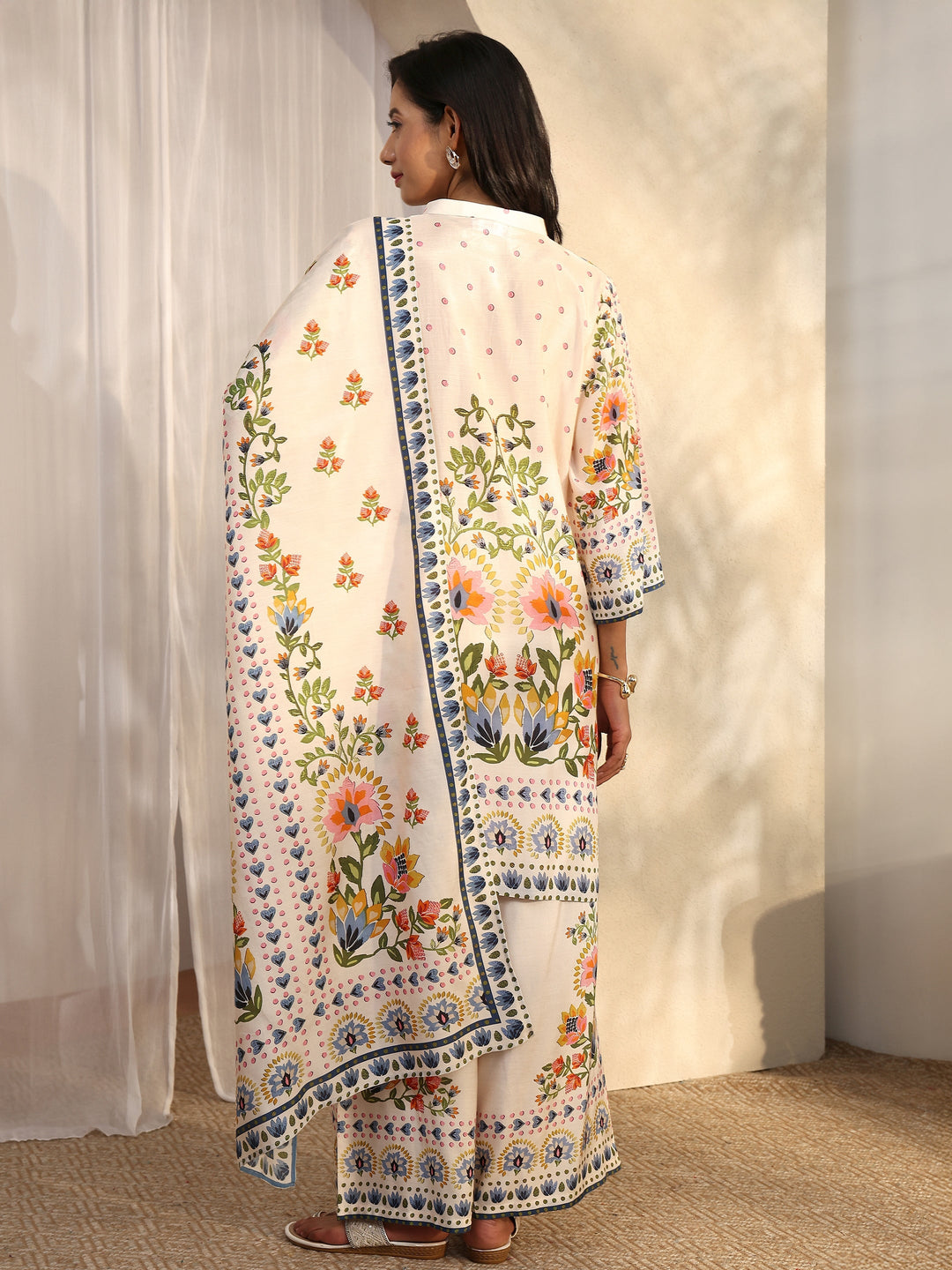Off White Printed Muslin Straight Suit Set With Dupatta