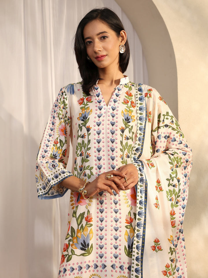 Off White Printed Muslin Straight Suit Set With Dupatta