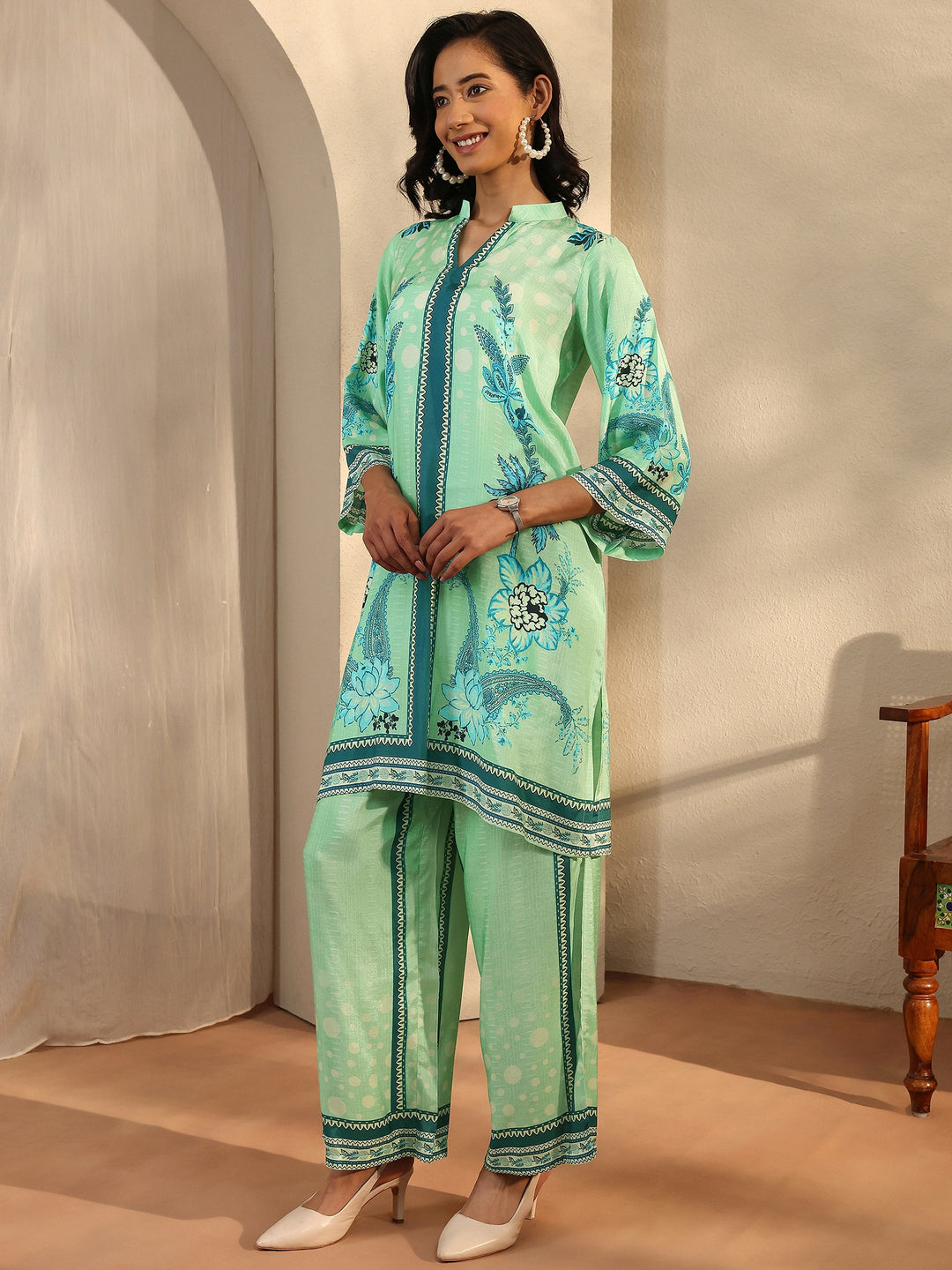 Green Printed Muslin Straight Suit Set With Dupatta