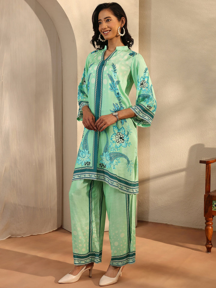 Green Printed Muslin Straight Suit Set With Dupatta