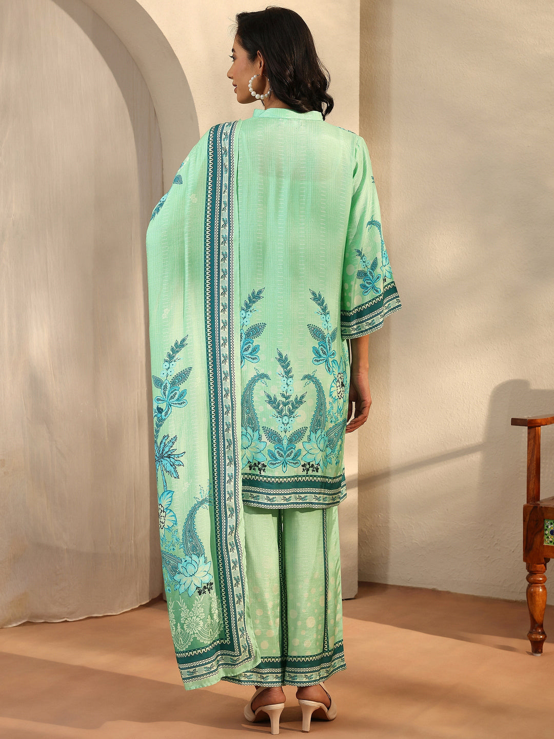 Green Printed Muslin Straight Suit Set With Dupatta