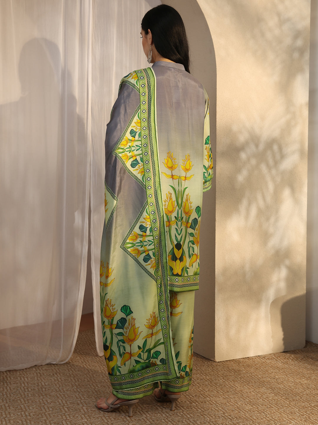 Green Printed Muslin Straight Suit Set With Dupatta