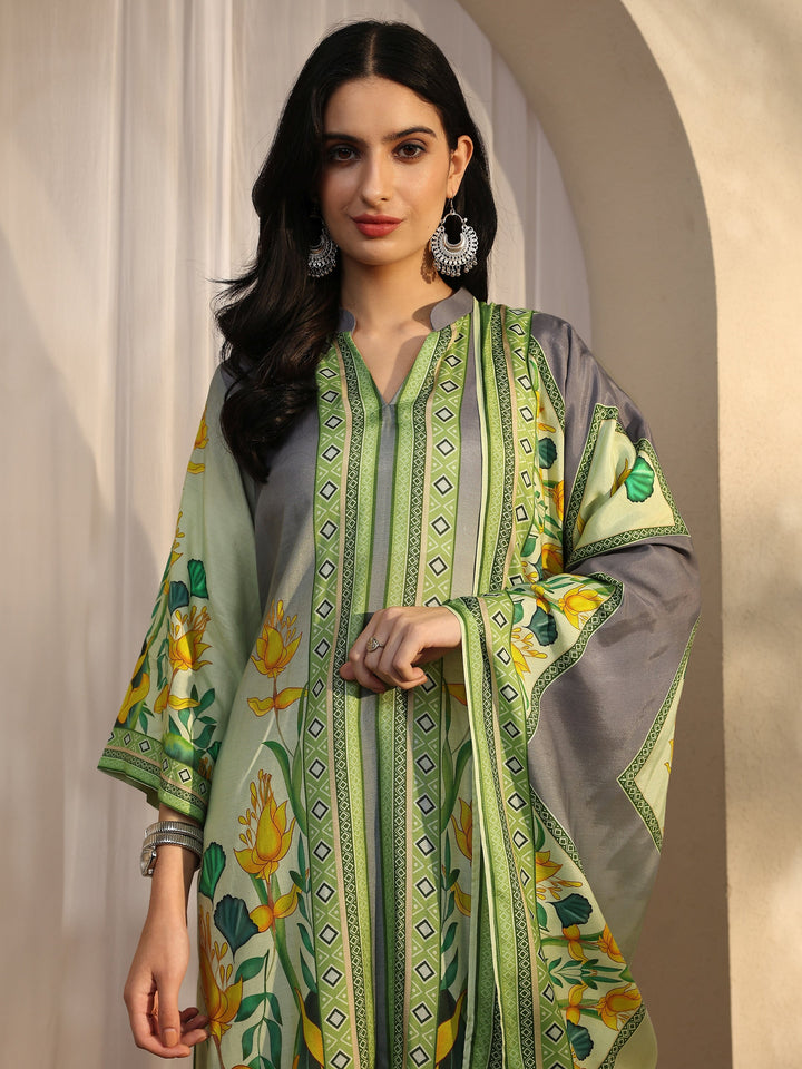 Green Printed Muslin Straight Suit Set With Dupatta