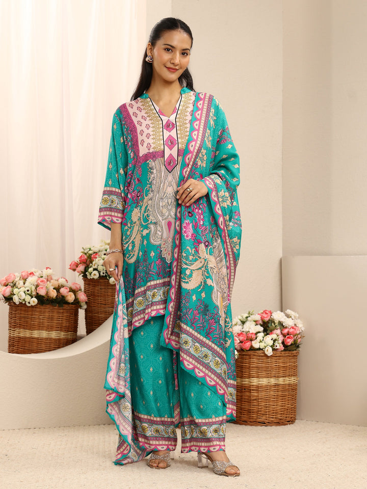 Blue Ethnic Printed Muslin Straight Suit Set With Dupatta
