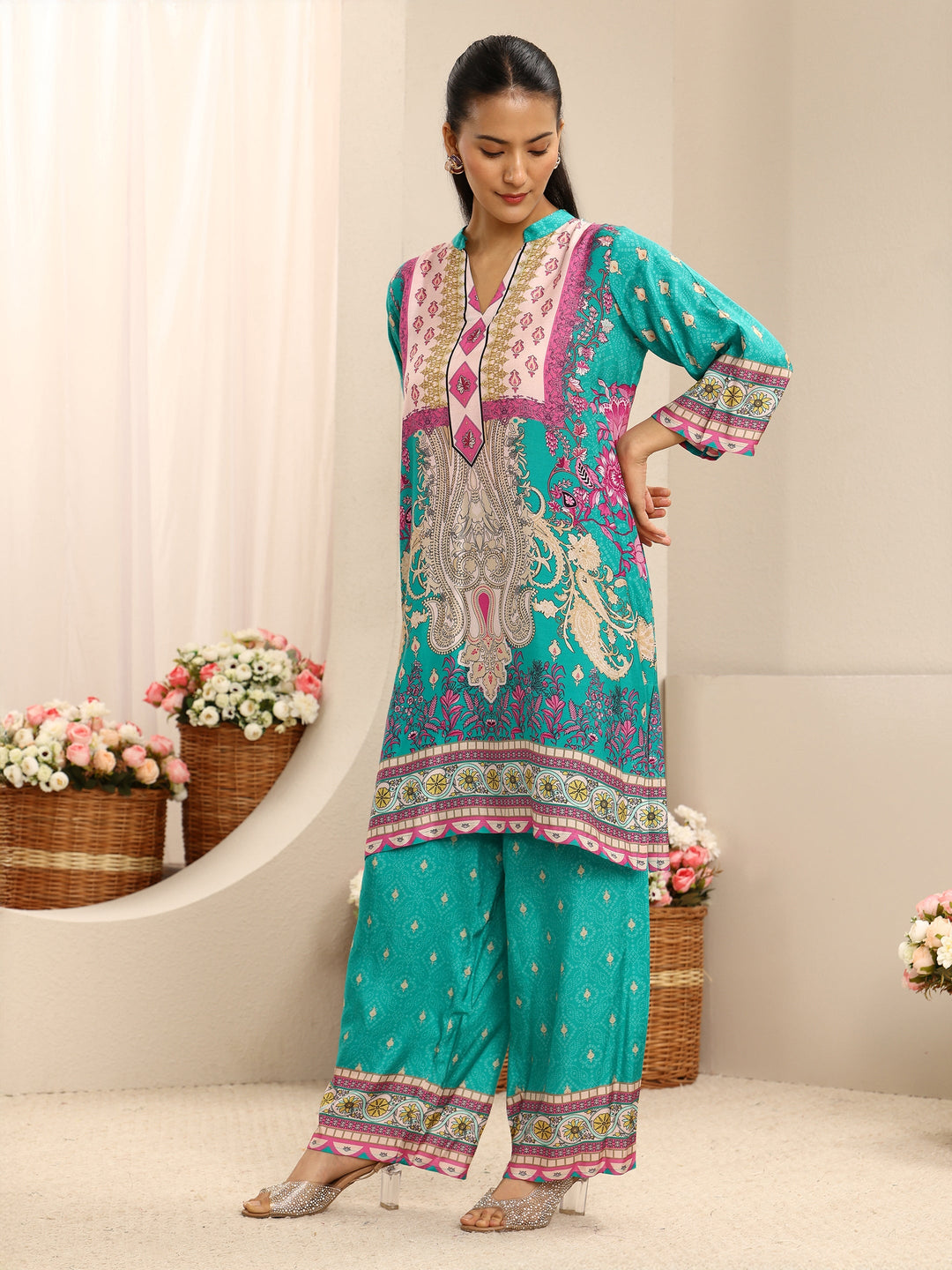 Blue Ethnic Printed Muslin Straight Suit Set With Dupatta