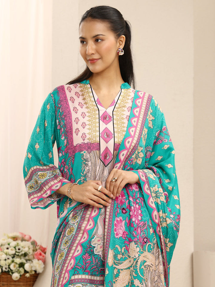 Blue Ethnic Printed Muslin Straight Suit Set With Dupatta