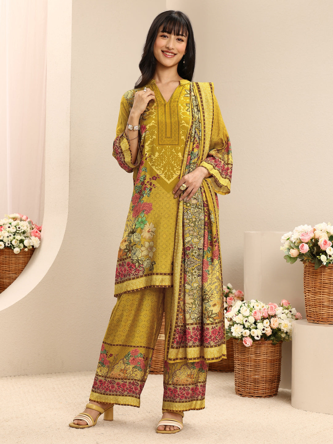 Mustard Floral Printed Muslin Straight Suit Set With Dupatta
