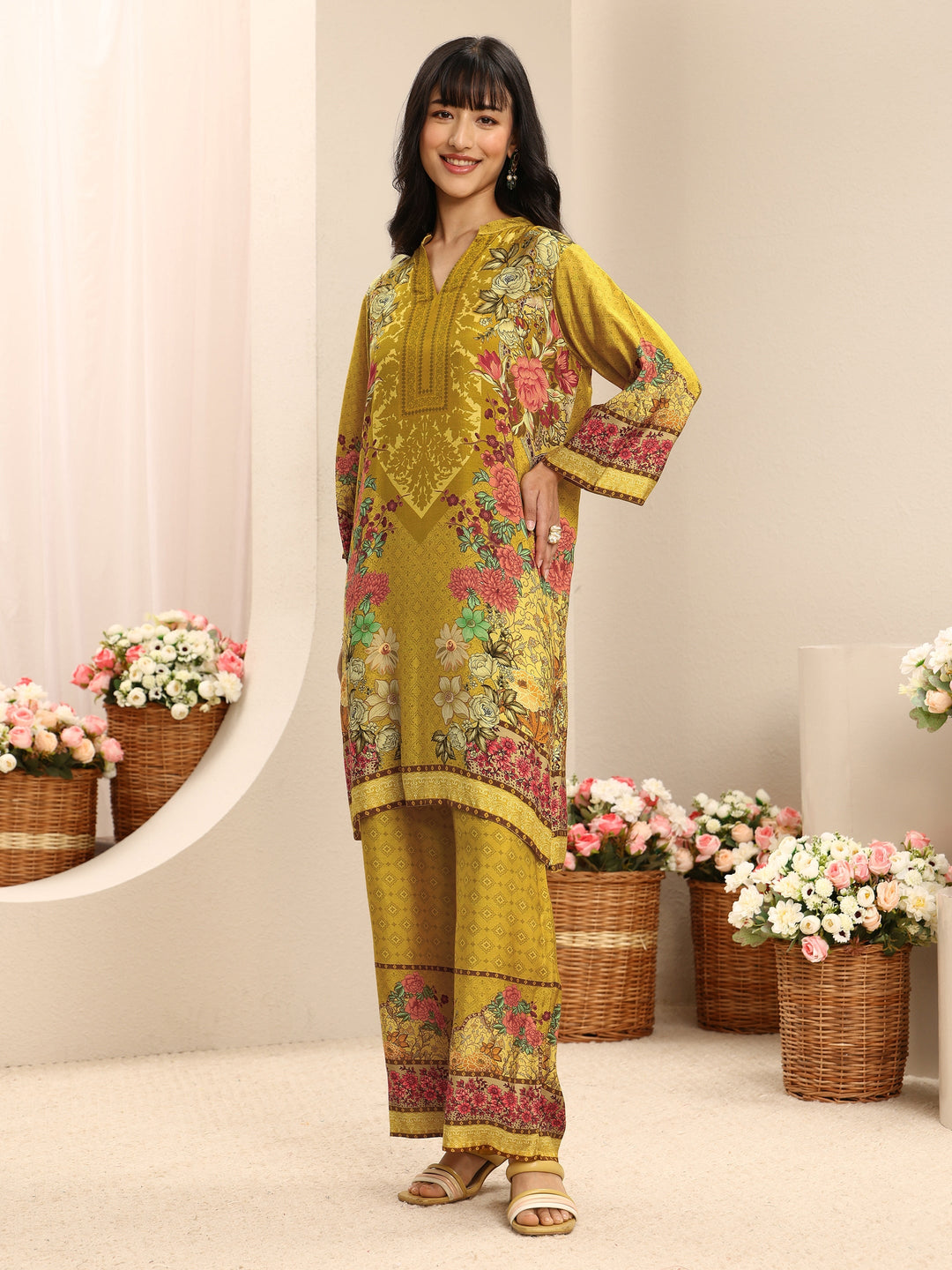 Mustard Floral Printed Muslin Straight Suit Set With Dupatta