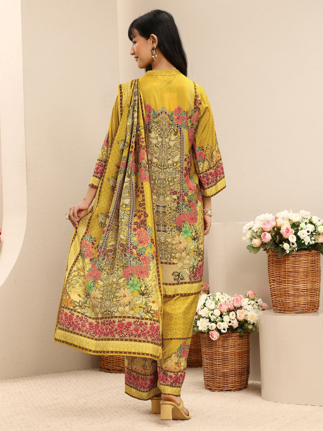 Mustard Floral Printed Muslin Straight Suit Set With Dupatta