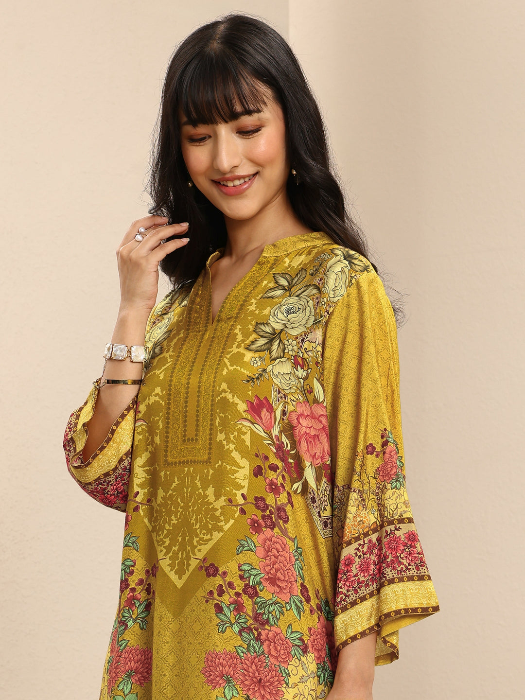 Mustard Floral Printed Muslin Straight Suit Set With Dupatta