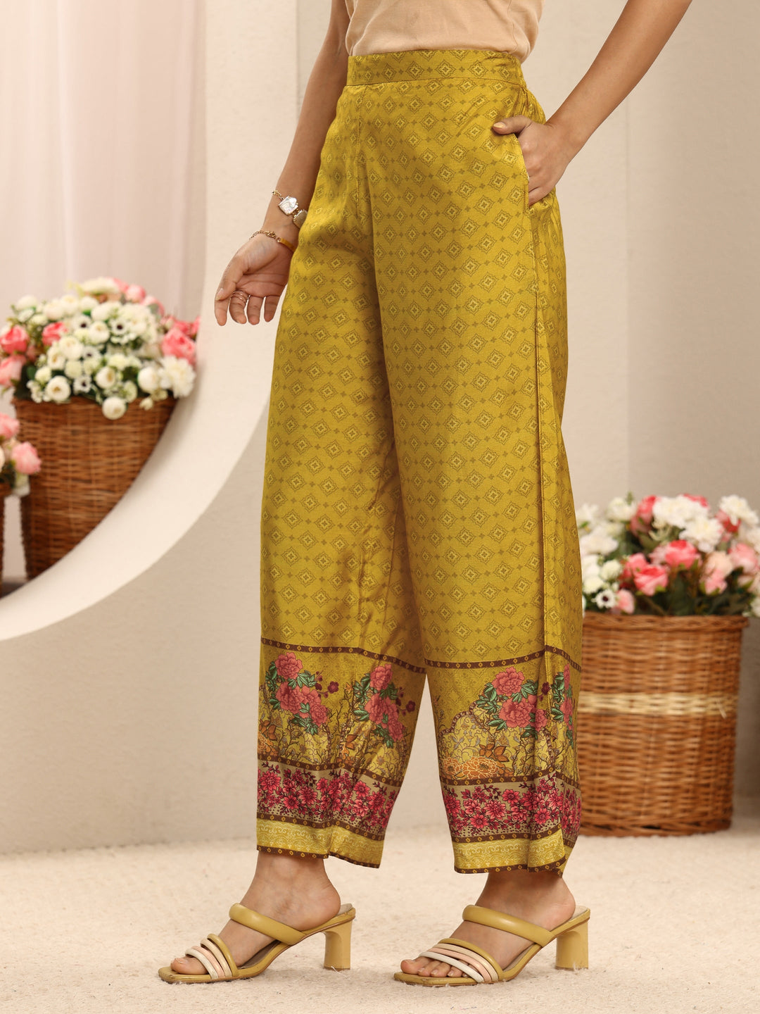 Mustard Floral Printed Muslin Straight Suit Set With Dupatta