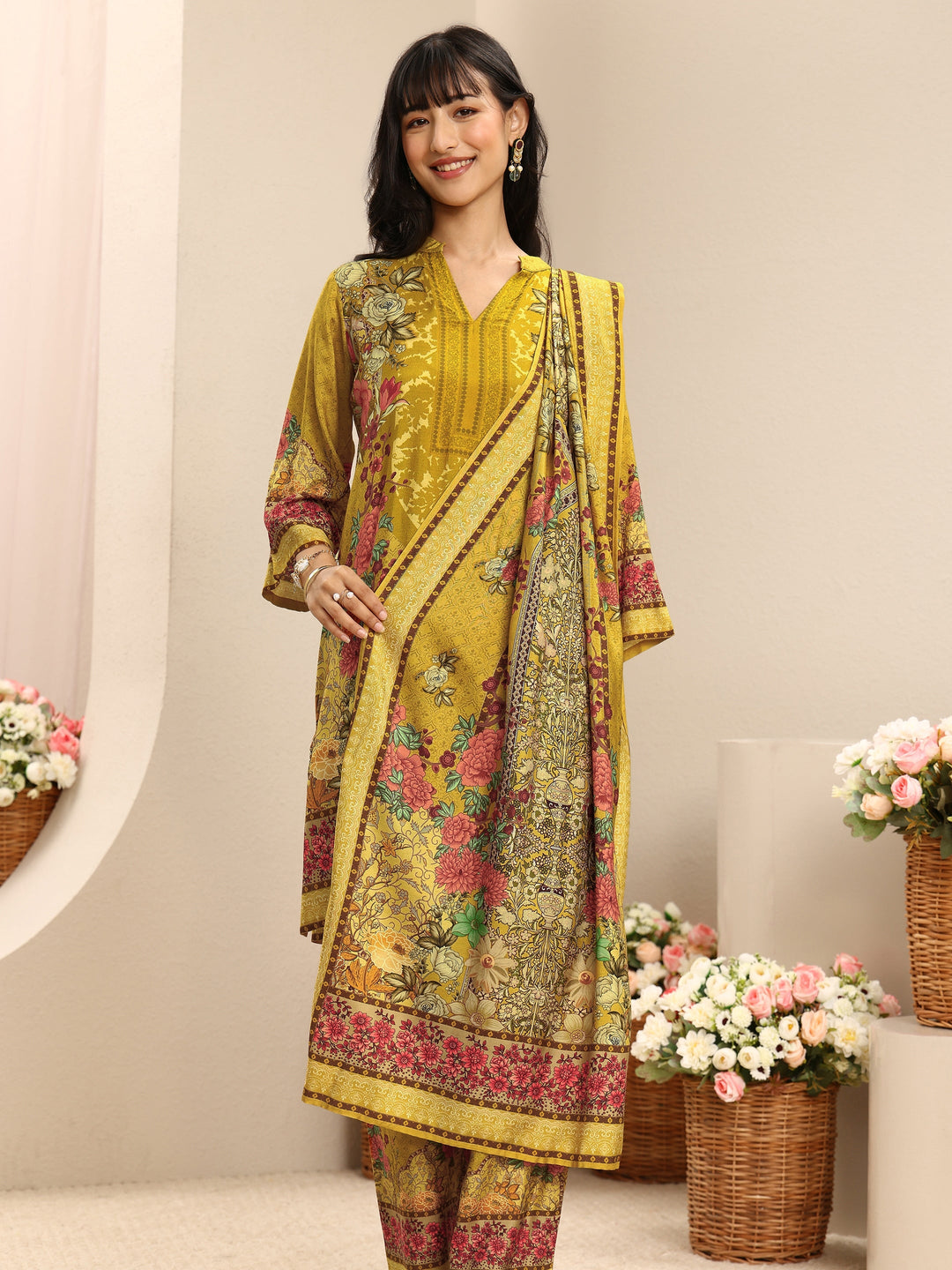 Mustard Floral Printed Muslin Straight Suit Set With Dupatta