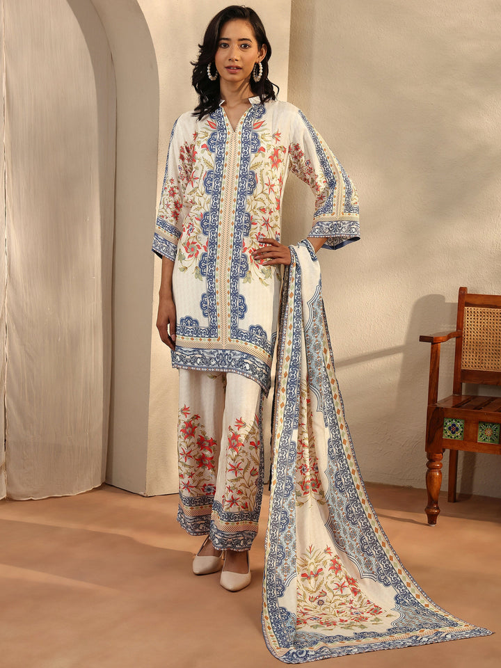 Multi Printed Muslin Straight Suit Set With Dupatta