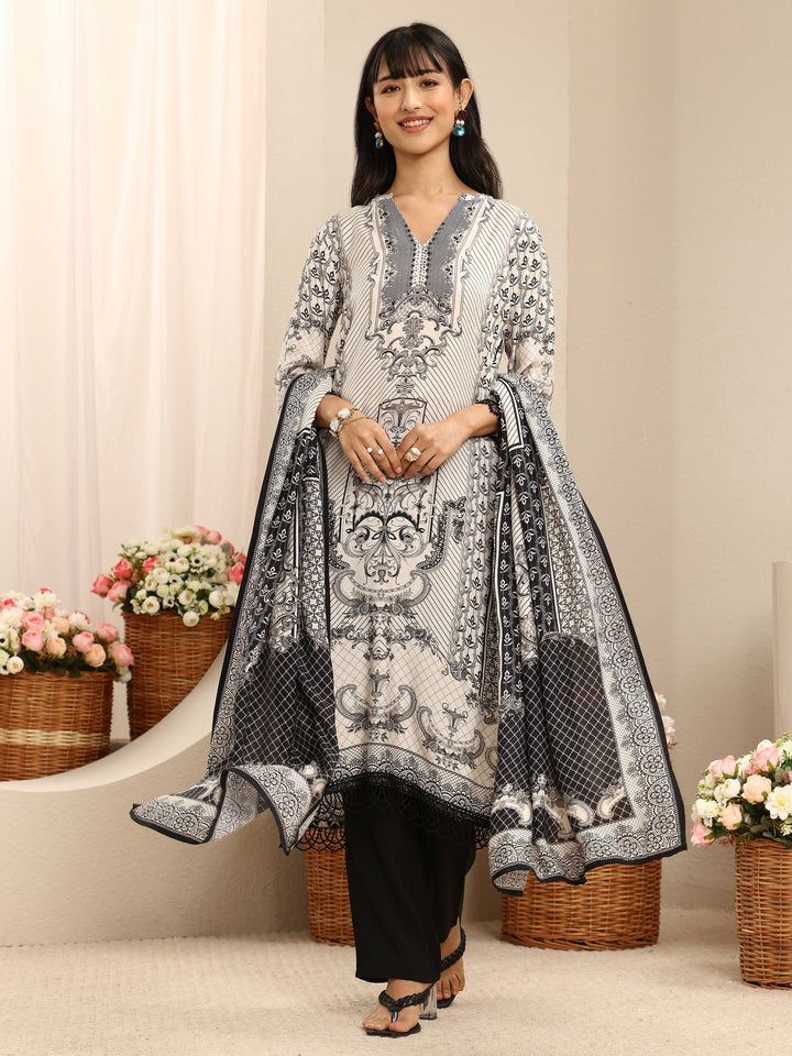 White Ethnic Printed Muslin Straight Suit Set With Dupatta