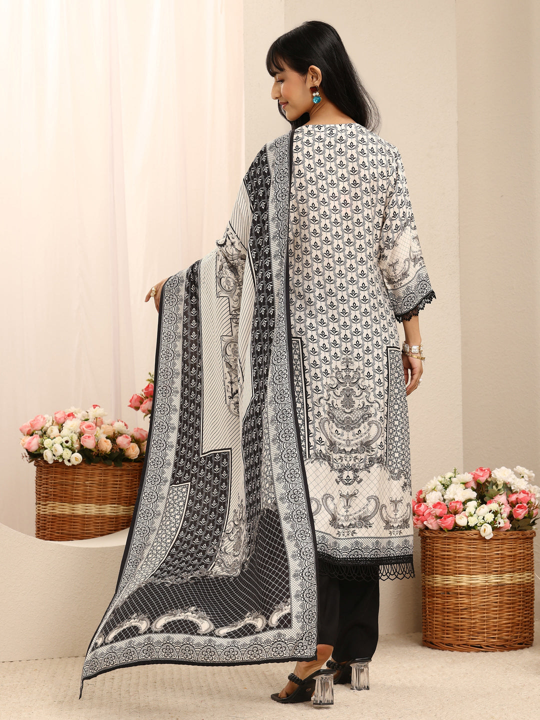 White Ethnic Printed Muslin Straight Suit Set With Dupatta