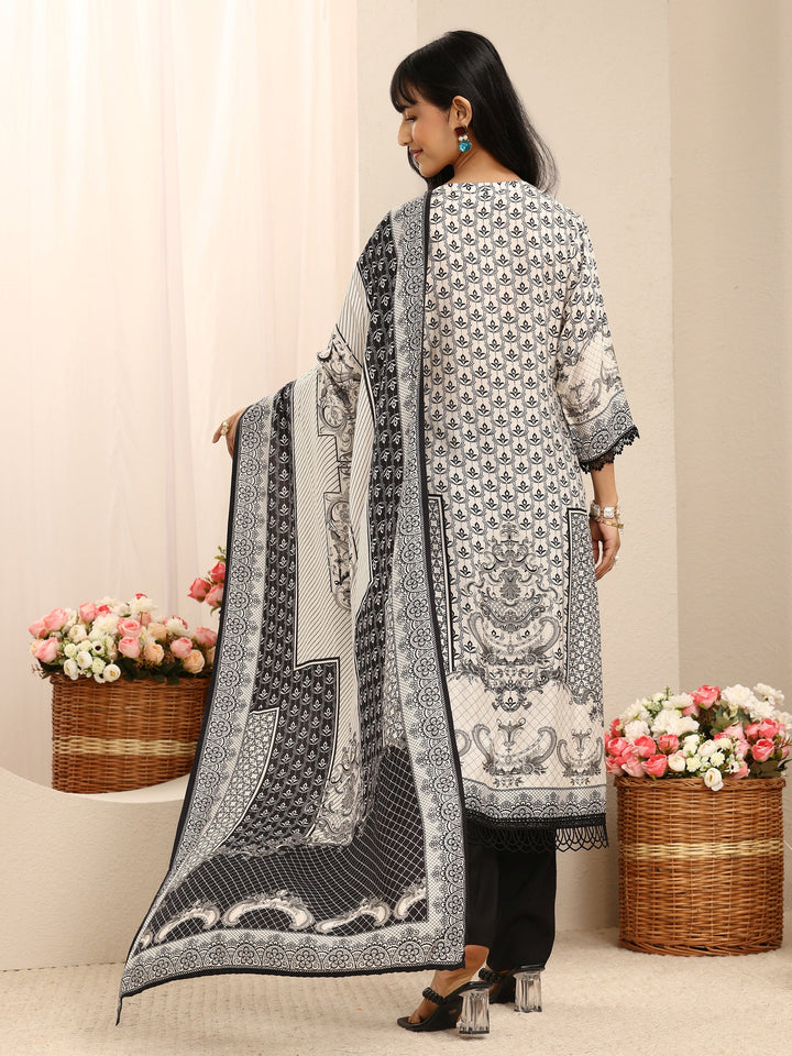 White Ethnic Printed Muslin Straight Suit Set With Dupatta