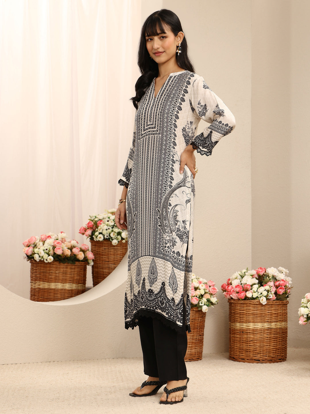 White Ethnic Printed Muslin Straight Suit Set With Dupatta