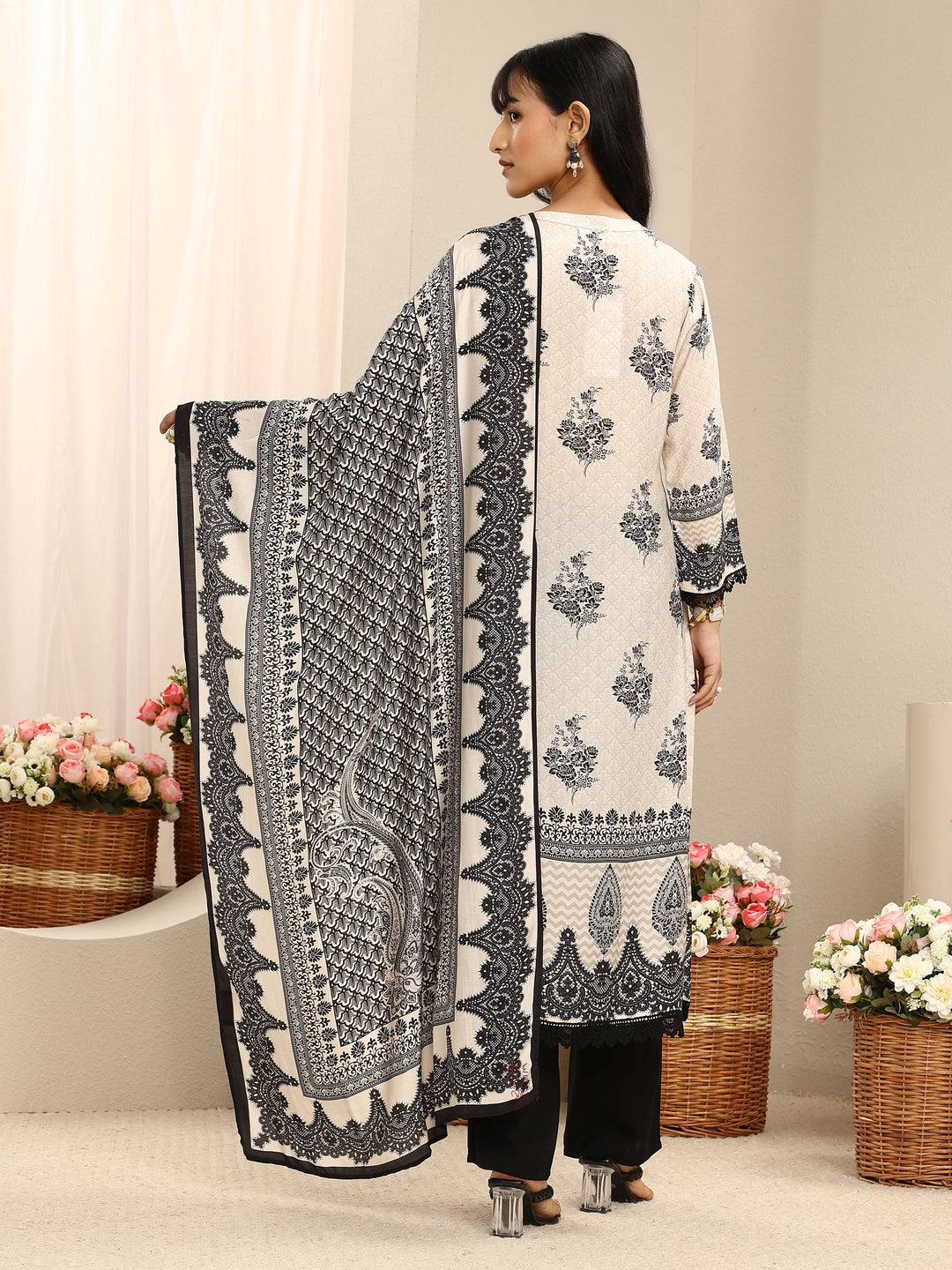 White Ethnic Printed Muslin Straight Suit Set With Dupatta