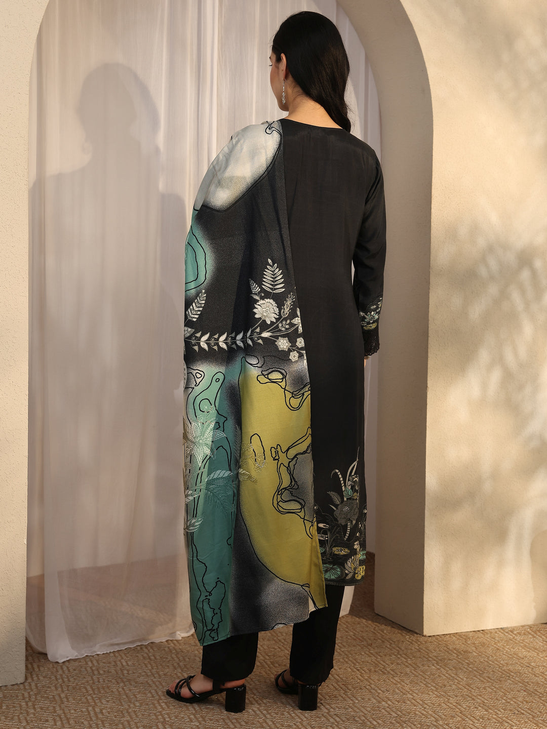 Black Printed Muslin Straight Suit Set With Dupatta