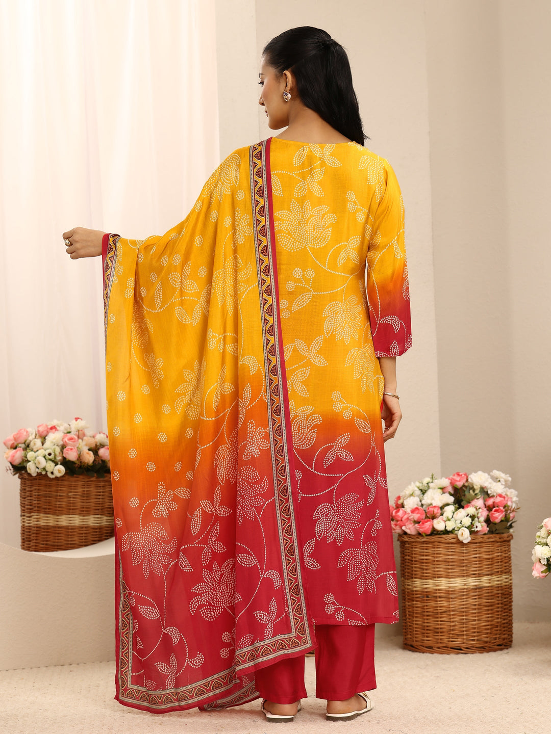 Mustard Floral Printed Muslin Straight Suit Set With Dupatta