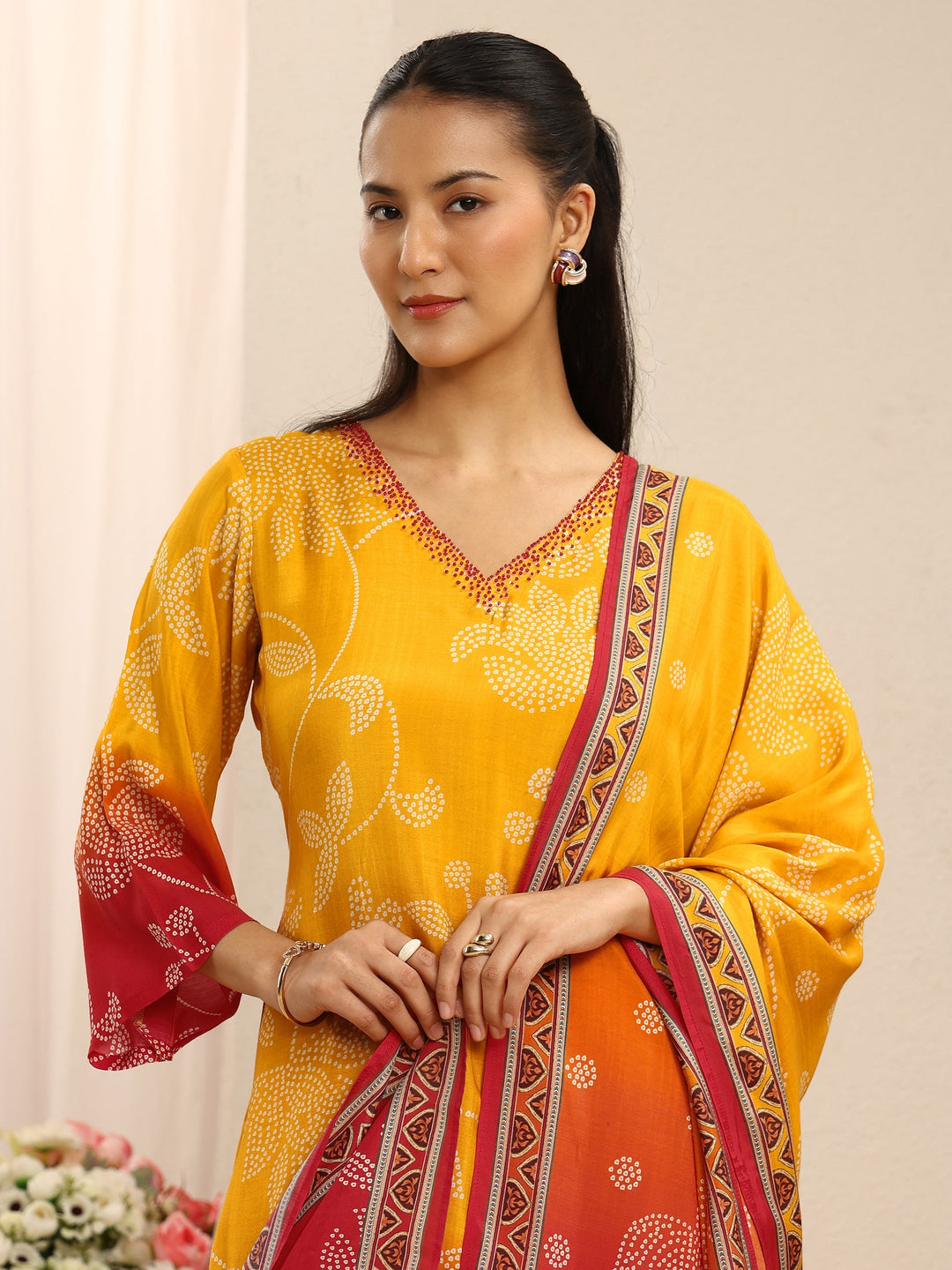Mustard Floral Printed Muslin Straight Suit Set With Dupatta