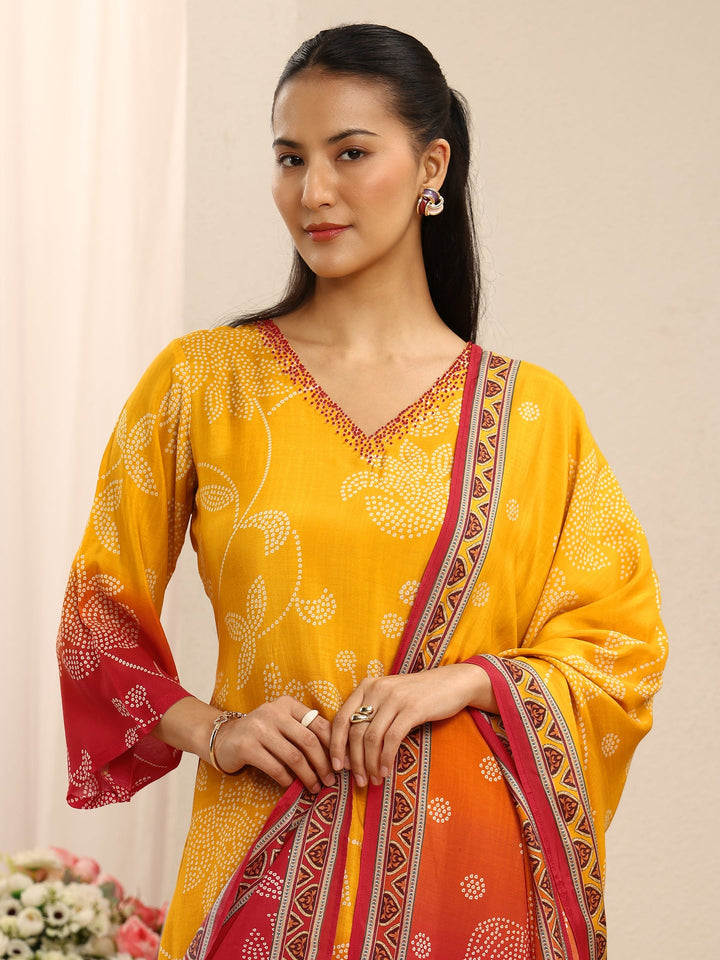 Mustard Floral Printed Muslin Straight Suit Set With Dupatta