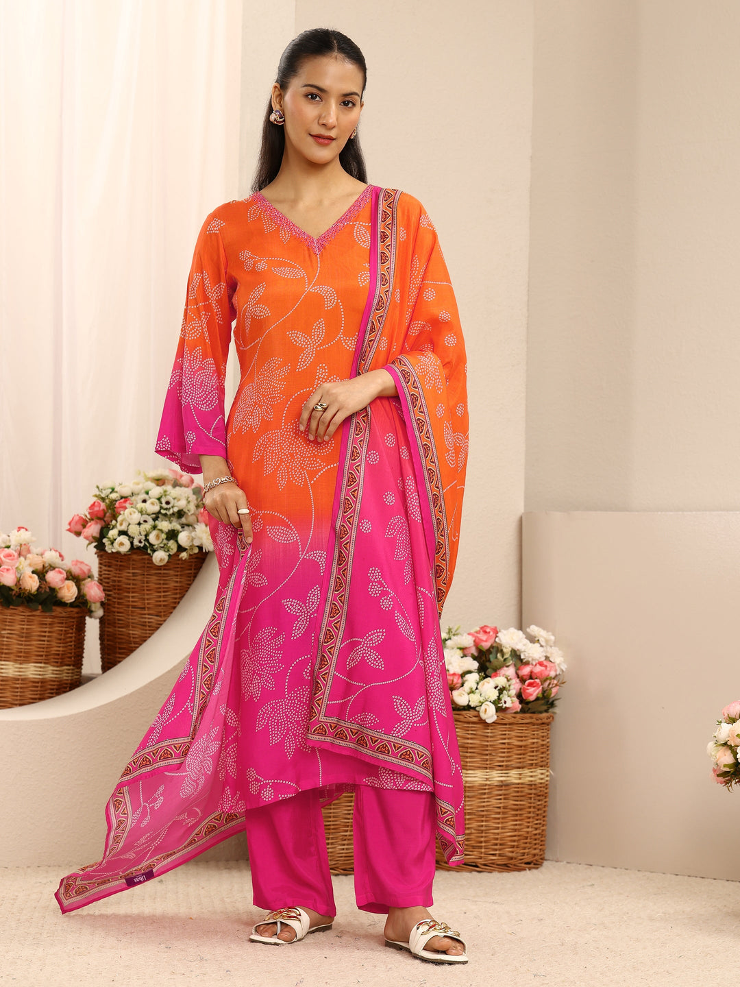 Orange Floral Printed Muslin Straight Suit Set With Dupatta