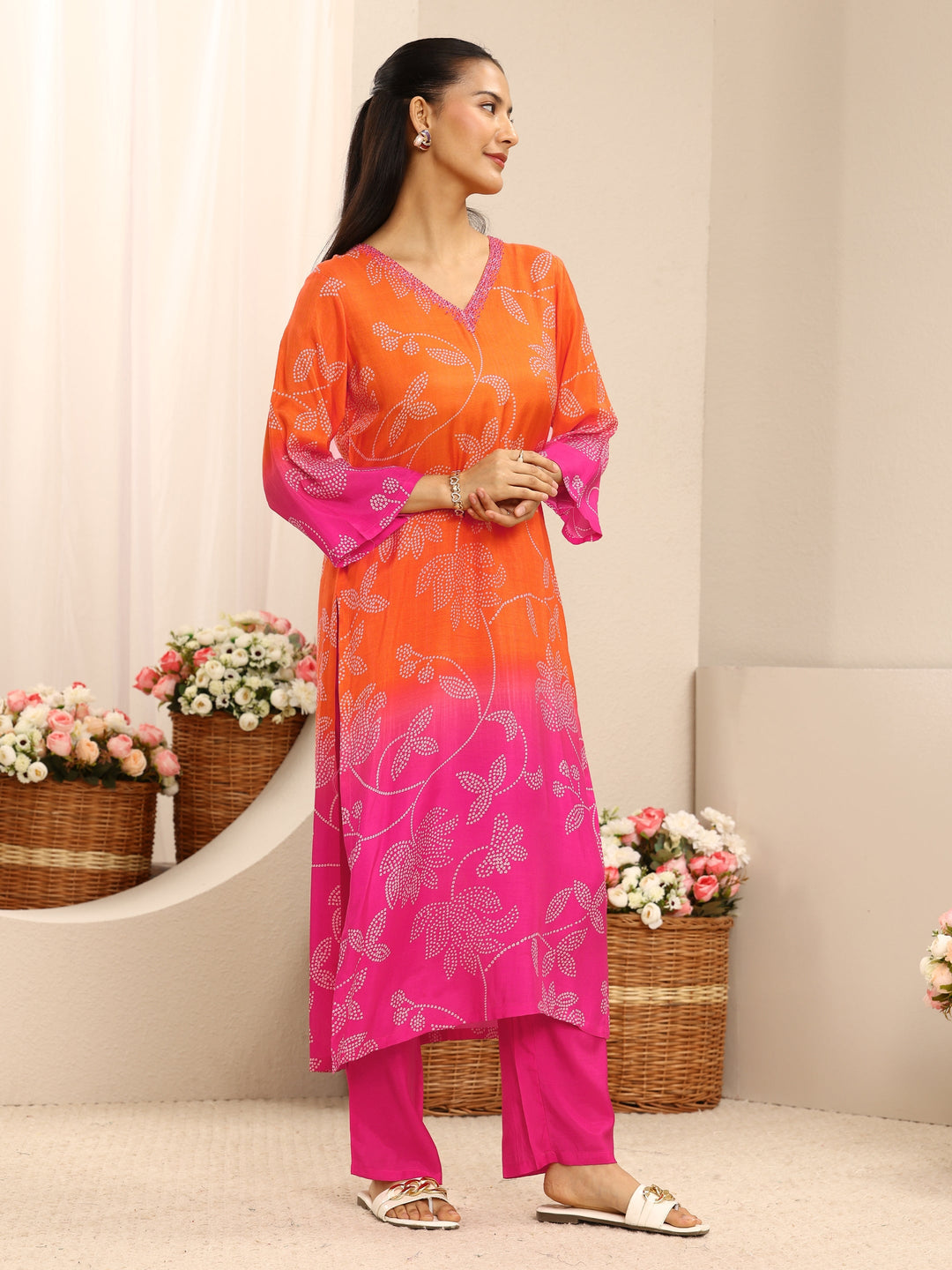 Orange Floral Printed Muslin Straight Suit Set With Dupatta
