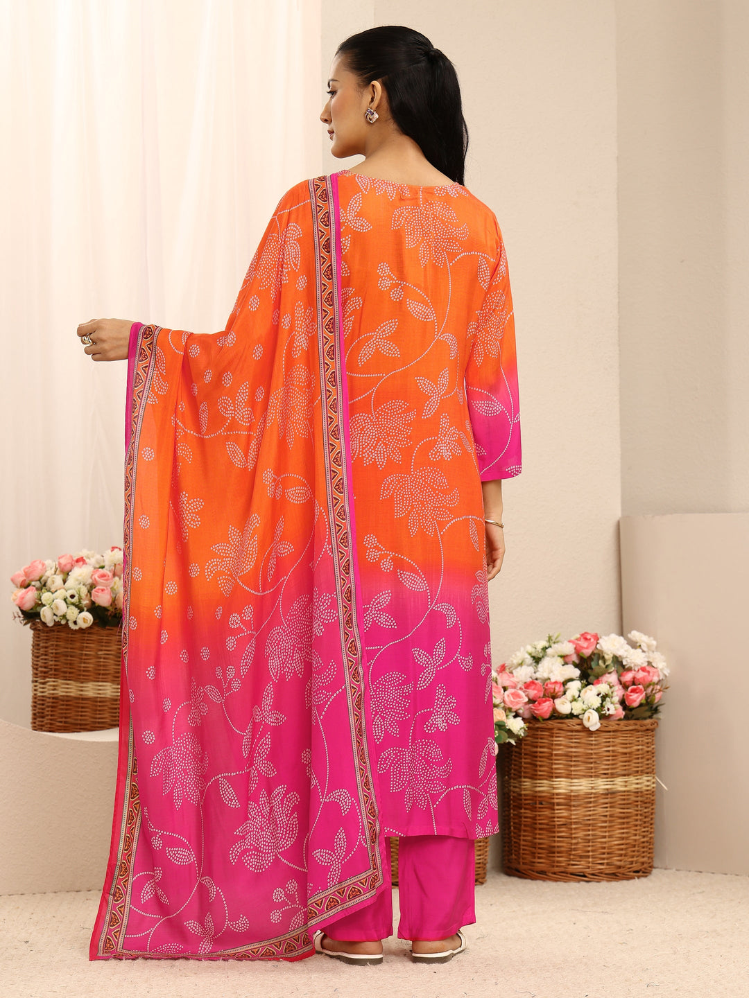 Orange Floral Printed Muslin Straight Suit Set With Dupatta