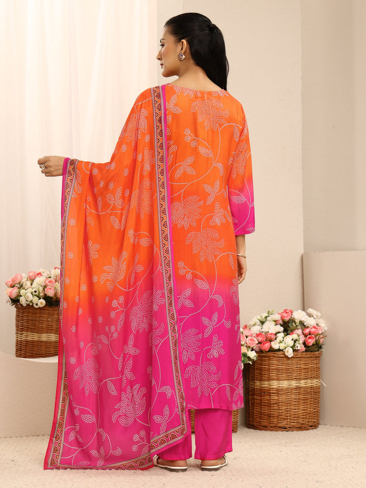Orange Floral Printed Muslin Straight Suit Set With Dupatta