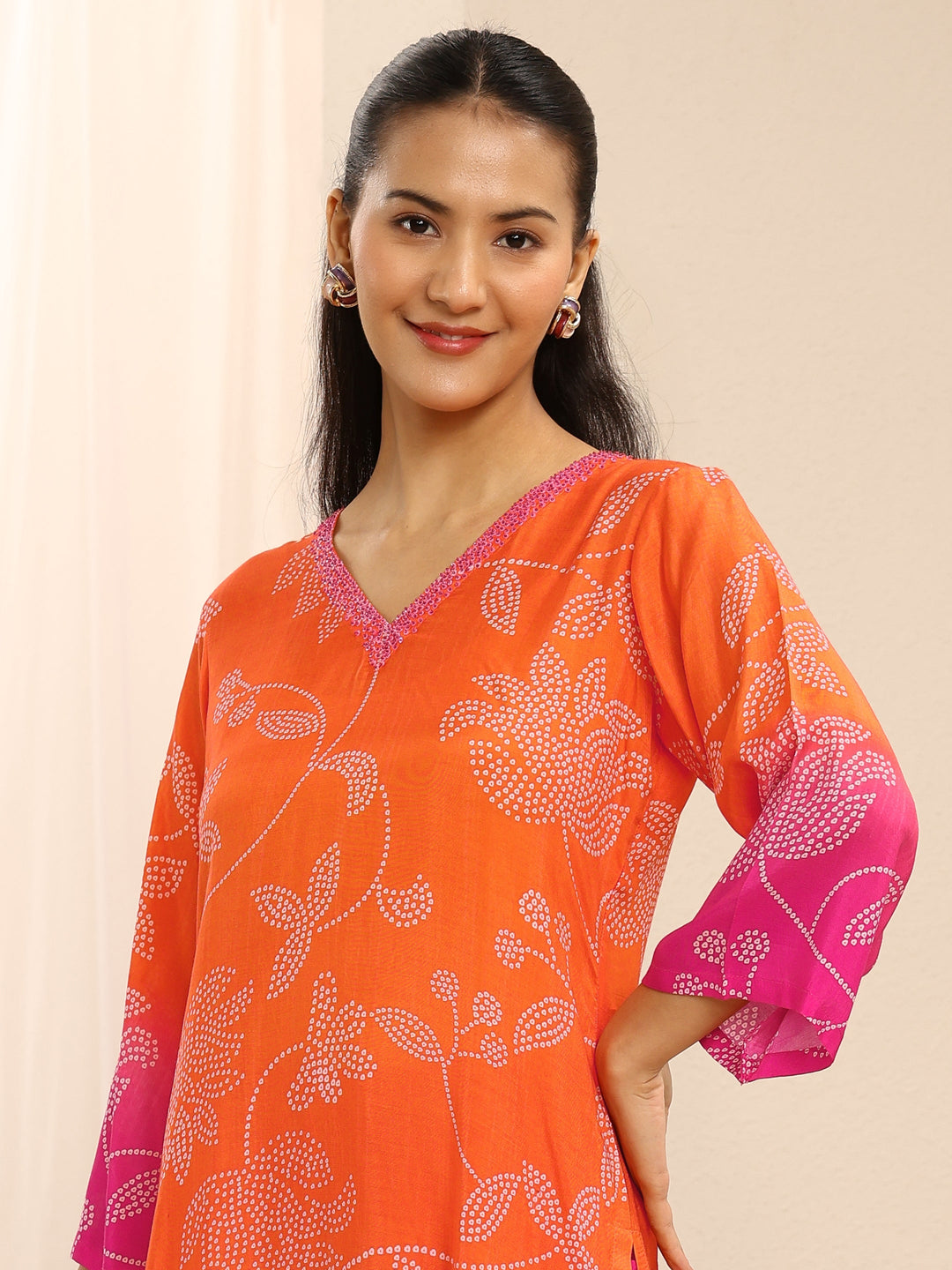 Orange Floral Printed Muslin Straight Suit Set With Dupatta